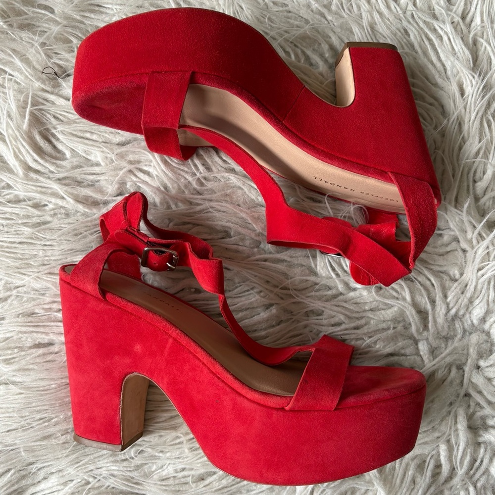 Loeffler Randall Minette Red Suede T-Strap Chunky Platform Heeled Sandals 10.5